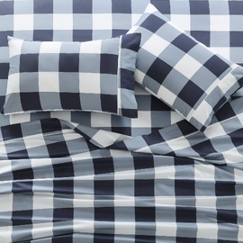 Gingham Navy Printed Sheet Set [Size: King Bed Extra Depth]