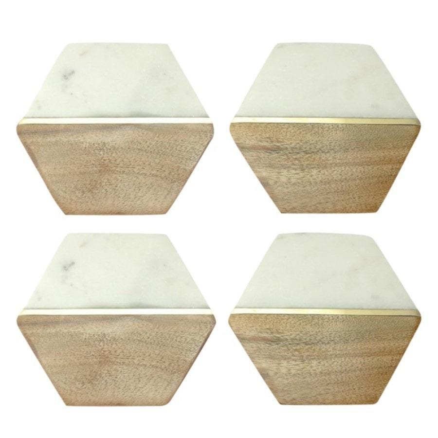 White Marble & Wood Coaster Hexagon (set of 4)
