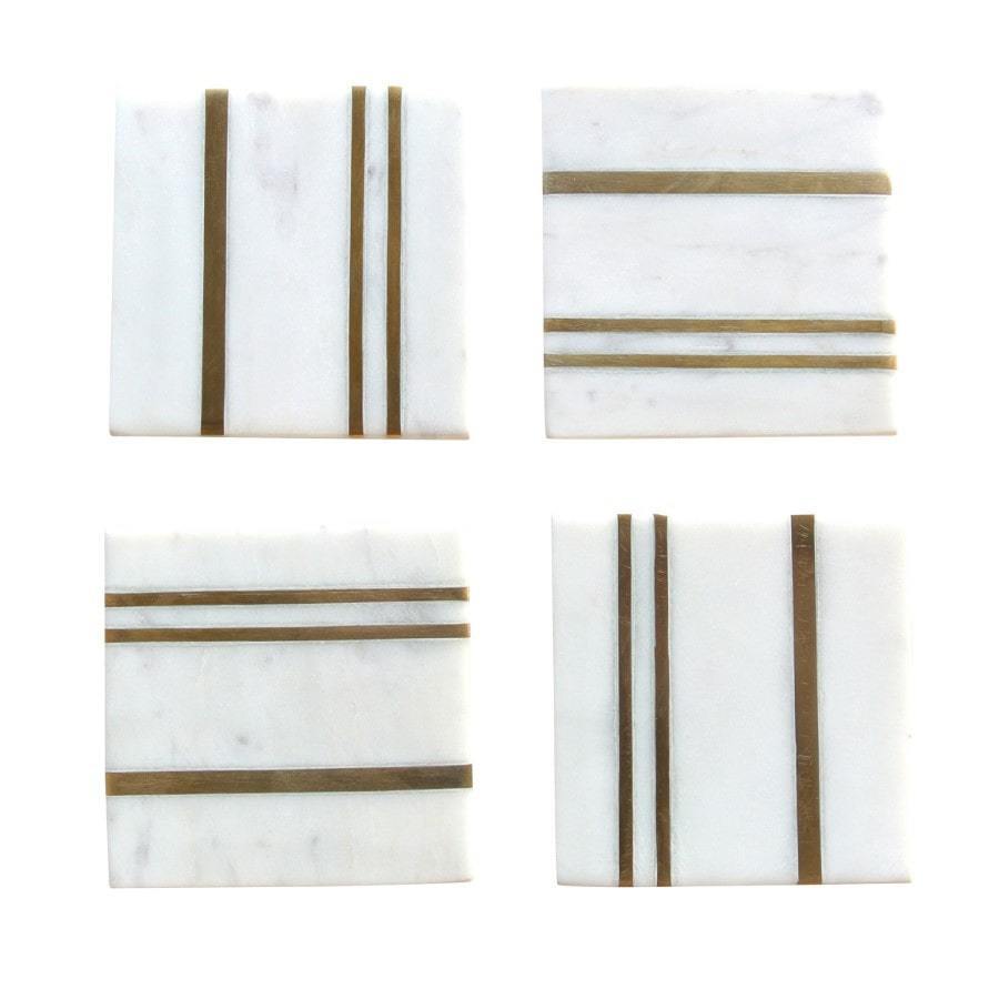 White Marble Coaster W/ Brass Inlay Square (set of 4) Style 2
