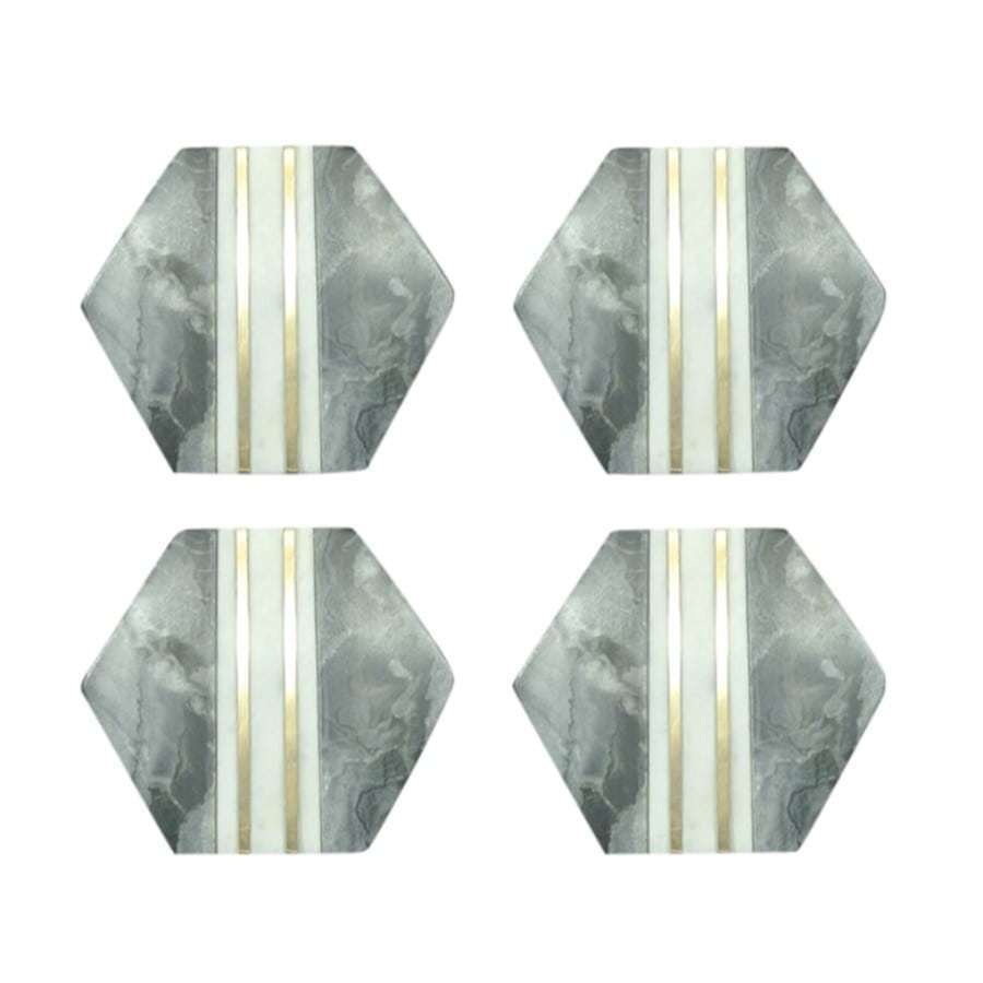 White & Grey Marble Coaster W/ Brass Inlay Hexagon (set of 4)