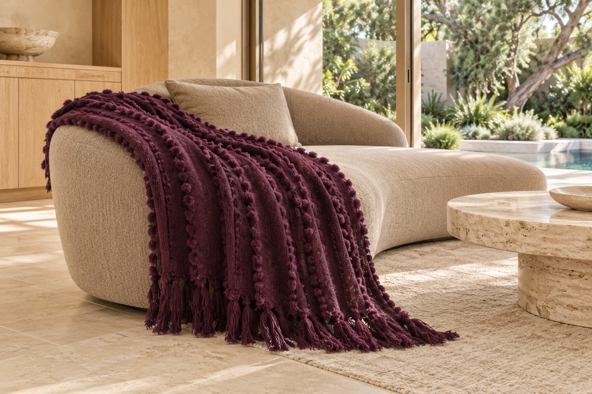Solace Throw Eggplant — texture and architectural styling