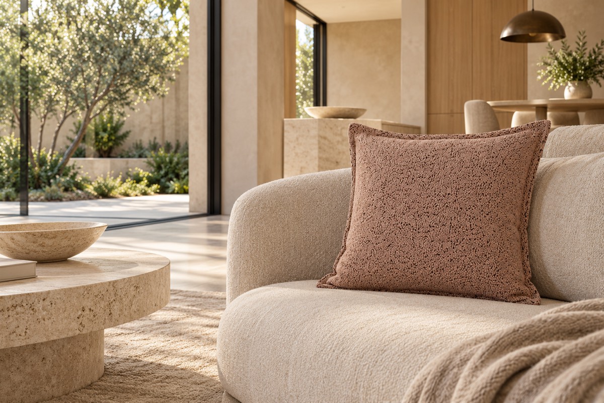 Pascal Square Cushion Blush — living room styling