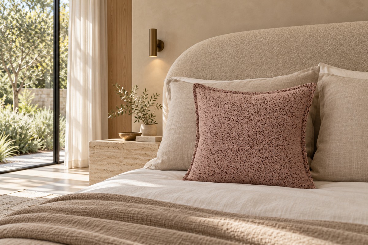 Pascal Square Cushion Blush — bedroom styling