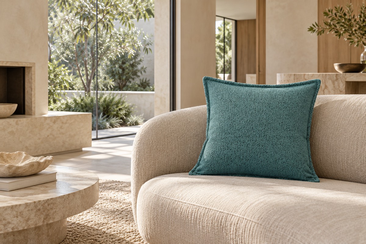 Pascal Square Cushion Aqua — living room styling