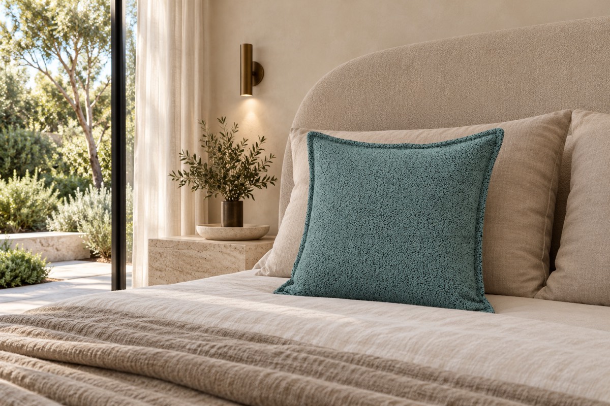 Pascal Square Cushion Aqua — bedroom styling