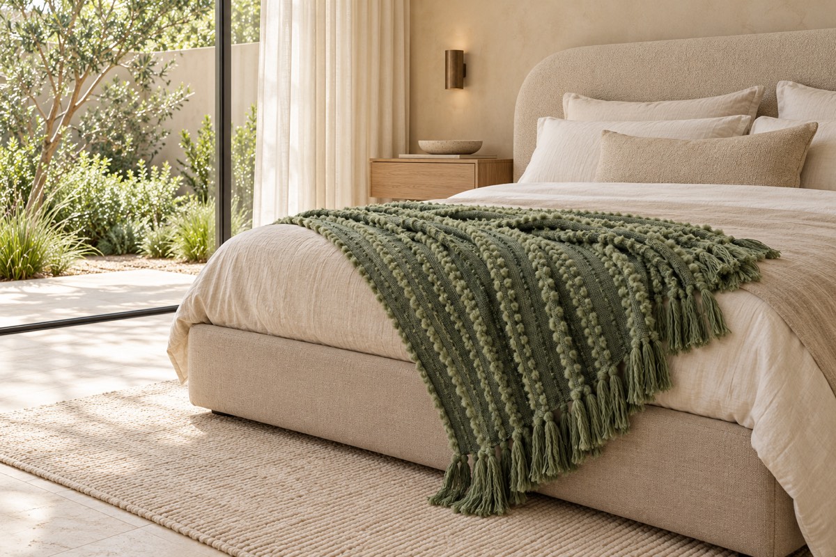 Solace Throw Green — bedroom styling