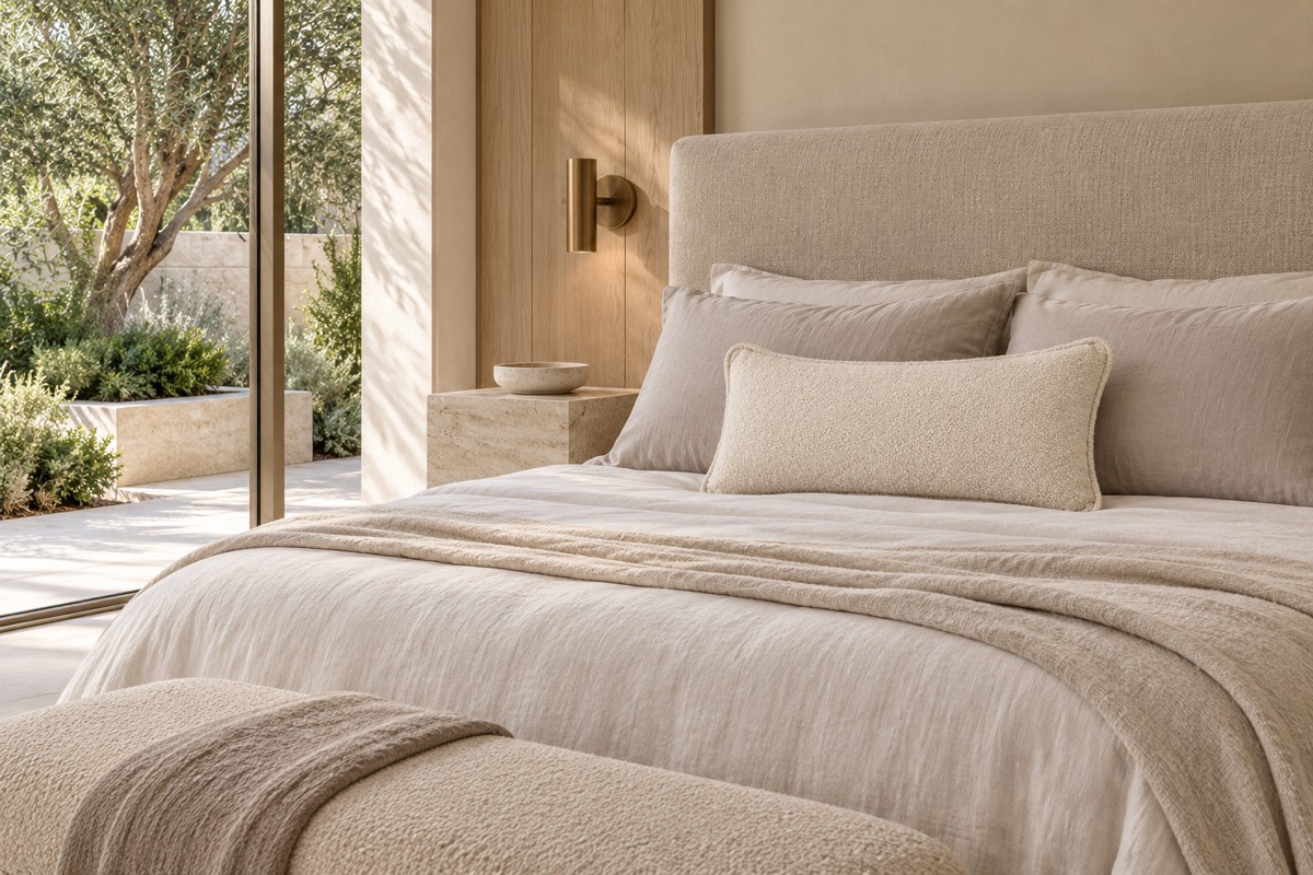 Boucle Breakfast Cushion - Linen — bedroom styling
