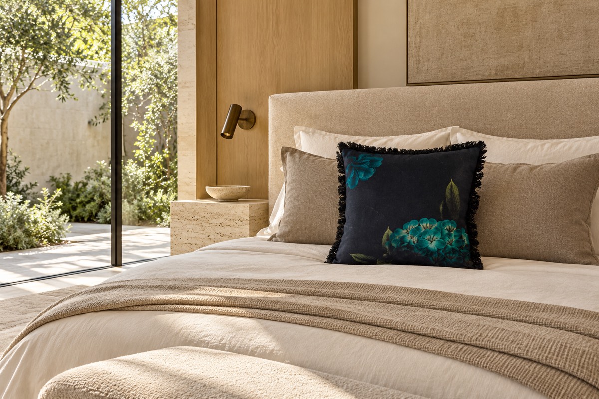 Floressa Teal Cushion — bedroom styling