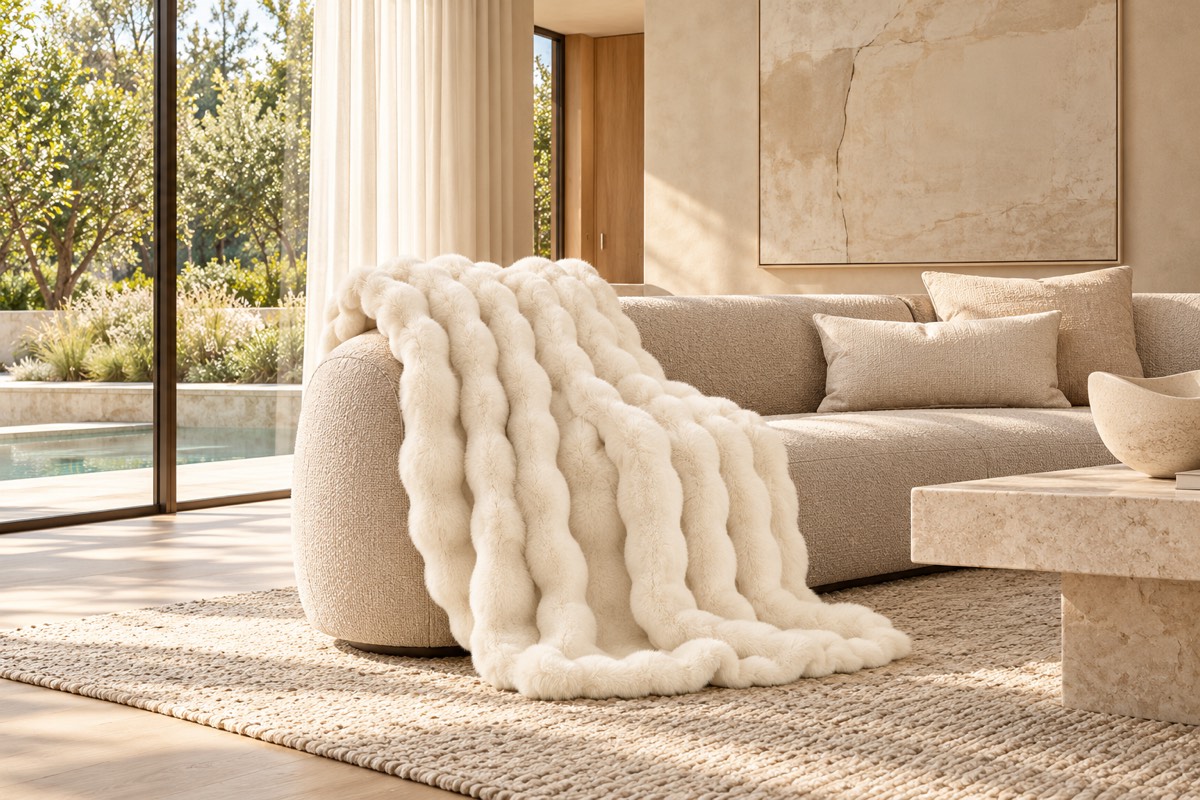 Eden Natural Faux Fur Throw — living room styling
