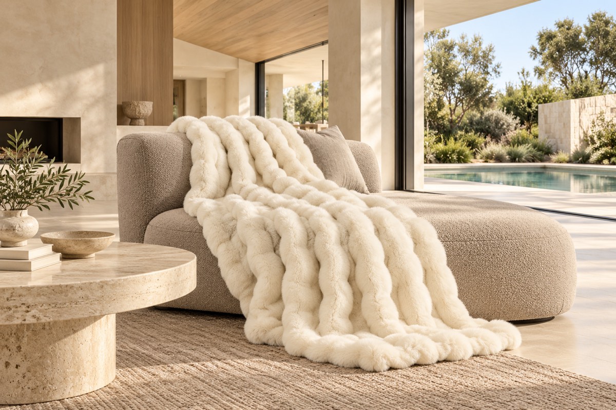 Eden Natural Faux Fur Throw — texture and architectural styling