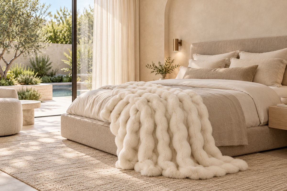 Eden Natural Faux Fur Throw — bedroom styling