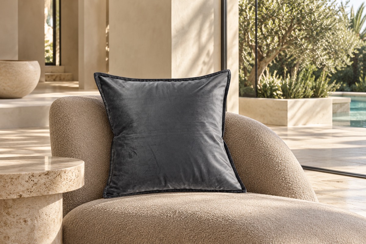 Velvet Cushion Square Charcoal — texture and architectural styling