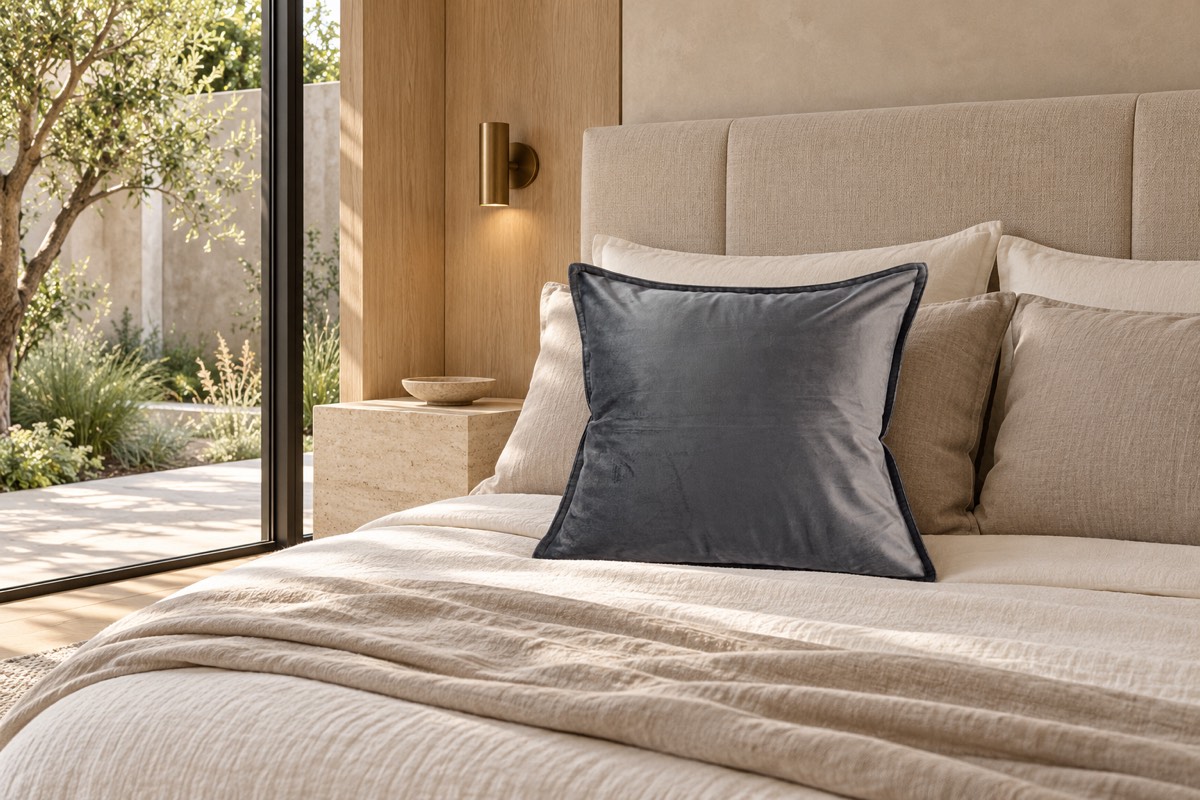 Velvet Cushion Square Charcoal — bedroom styling