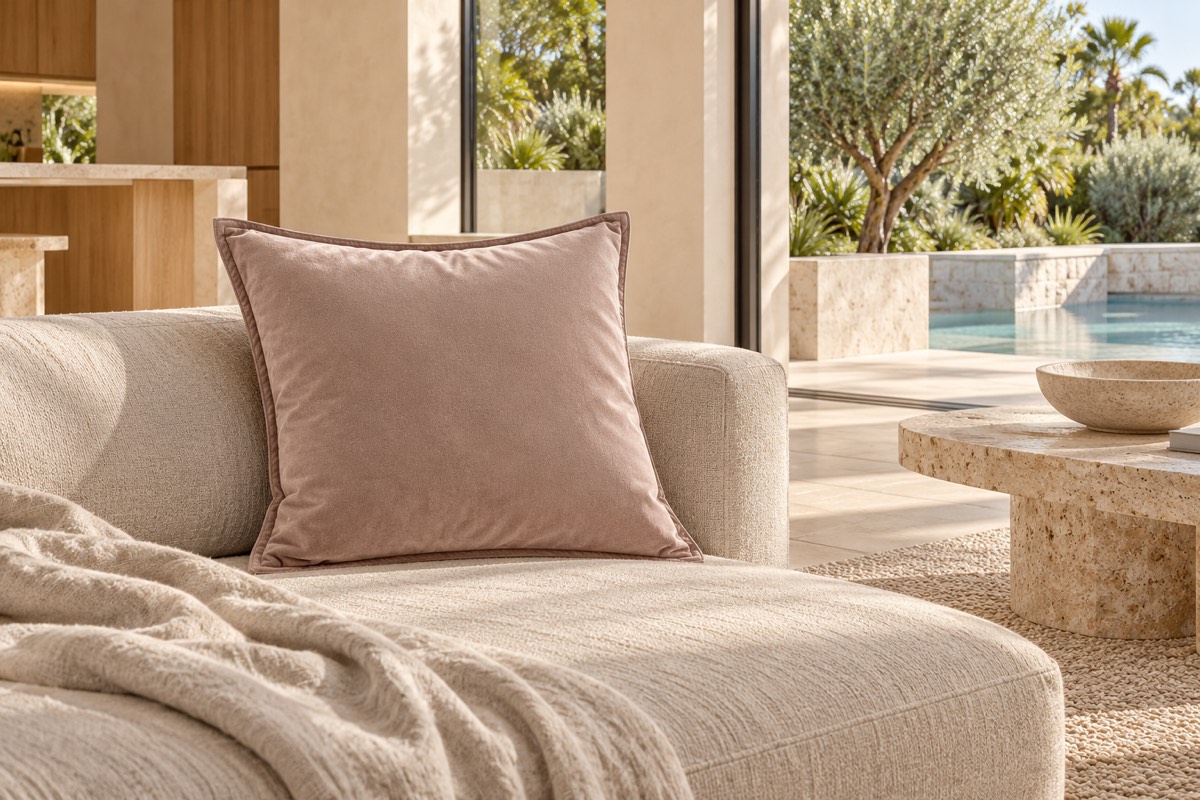 Velvet Cushion Square Mocha — texture and architectural styling