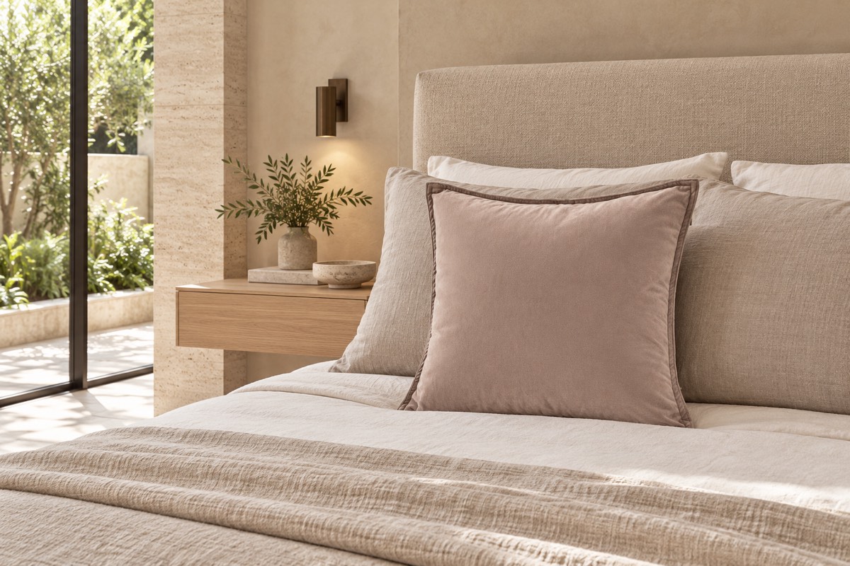 Velvet Cushion Square Mocha — bedroom styling