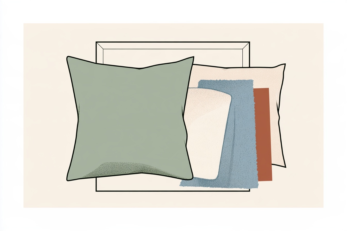 A sage cushion beside ivory, mist-blue and rust fabric samples.