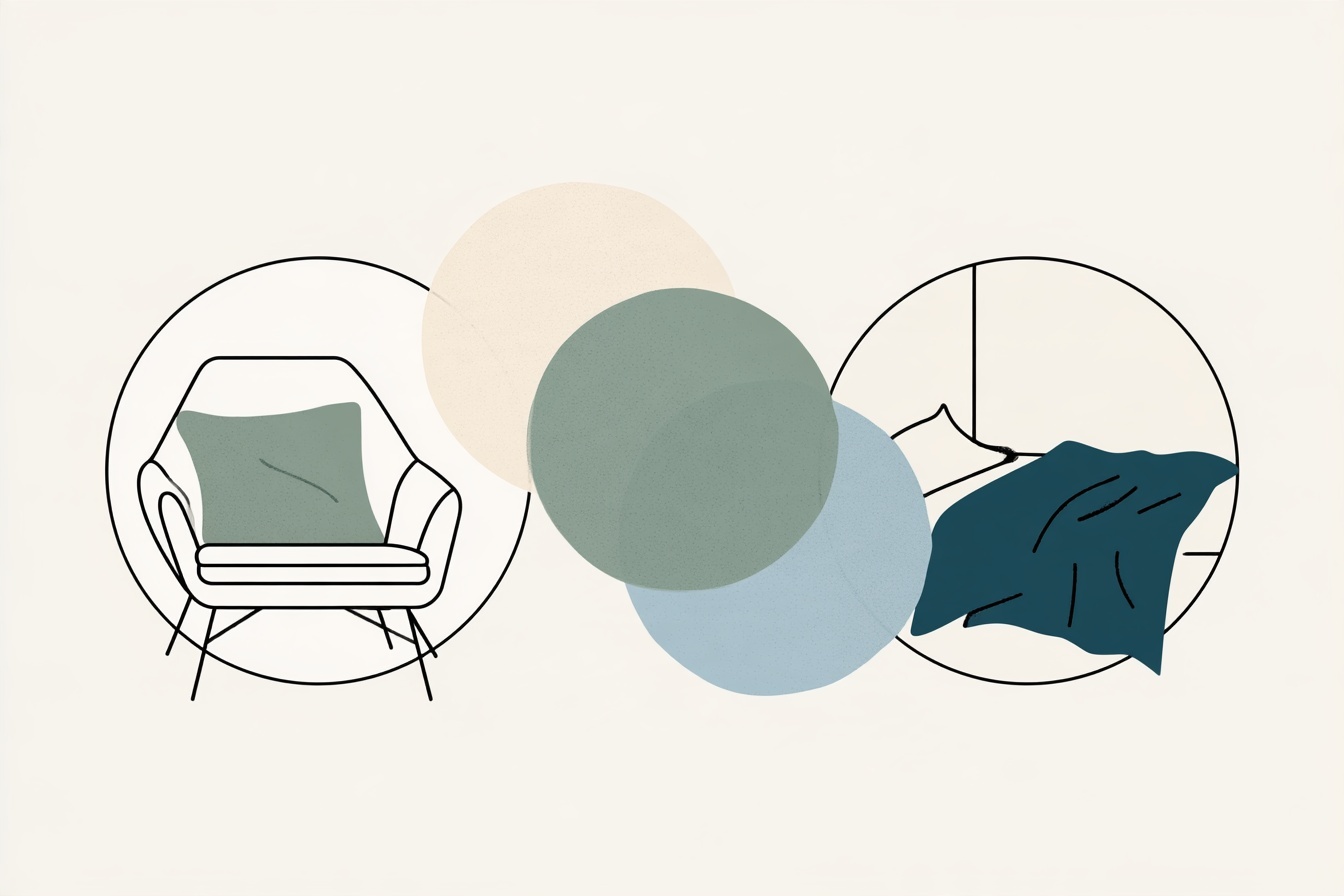 A chair and bed corner linked by overlapping ivory, sage and blue colour circles.