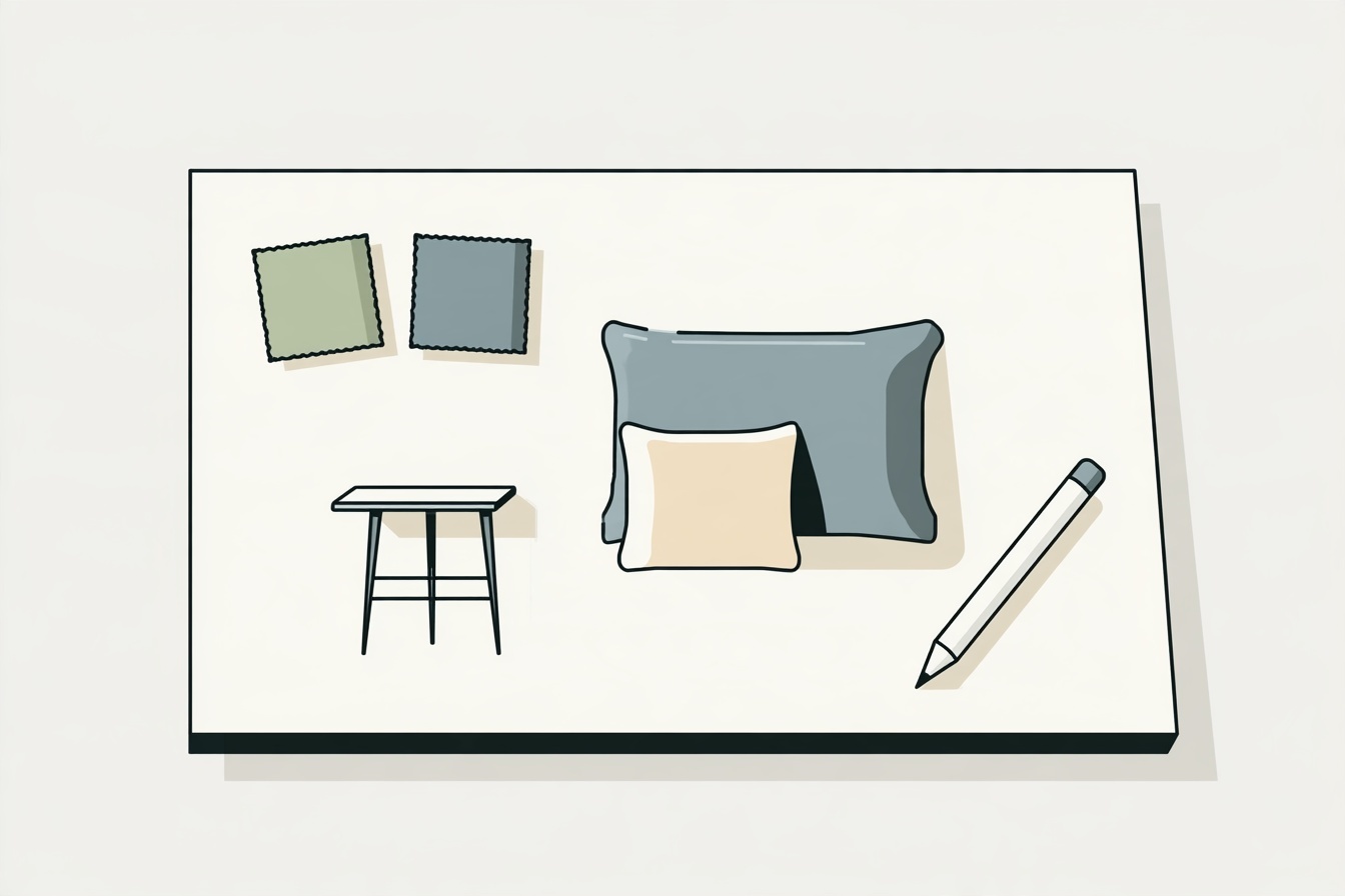 A blank planning board with two fabric swatches, cushions, a small table shape and a pencil.