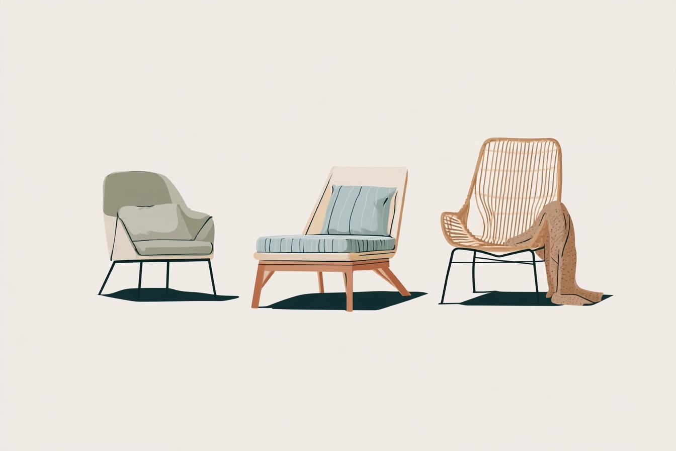 Three chairs showing upholstered, striped timber and woven finishes, with cushions and a draped throw.