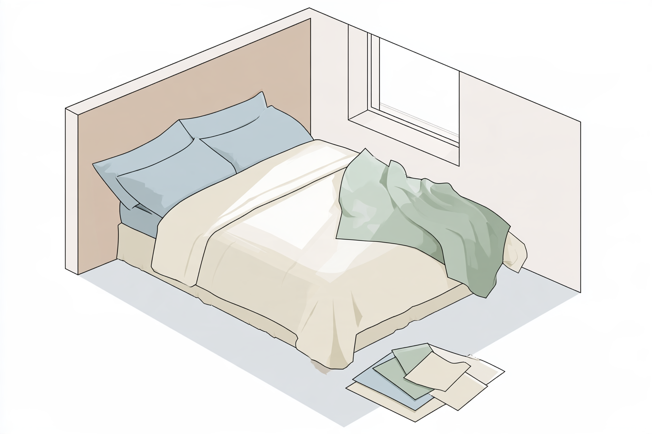 Light bedroom with blue pillows, ivory bedding, a sage throw and coordinated fabric swatches.