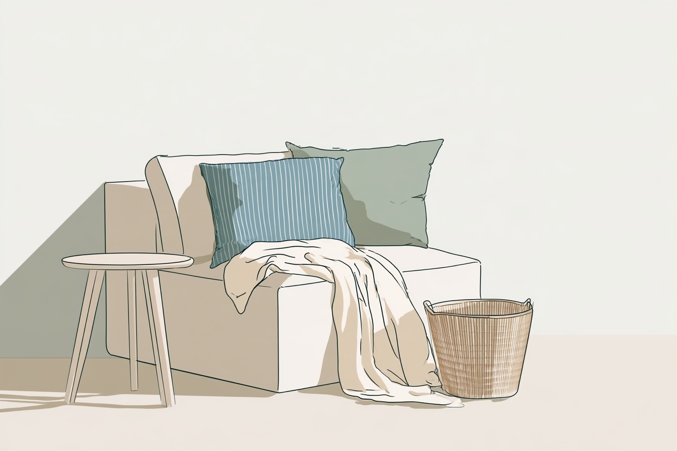 A light sofa corner with blue and sage cushions, a loose ivory throw, pale side table and woven basket.