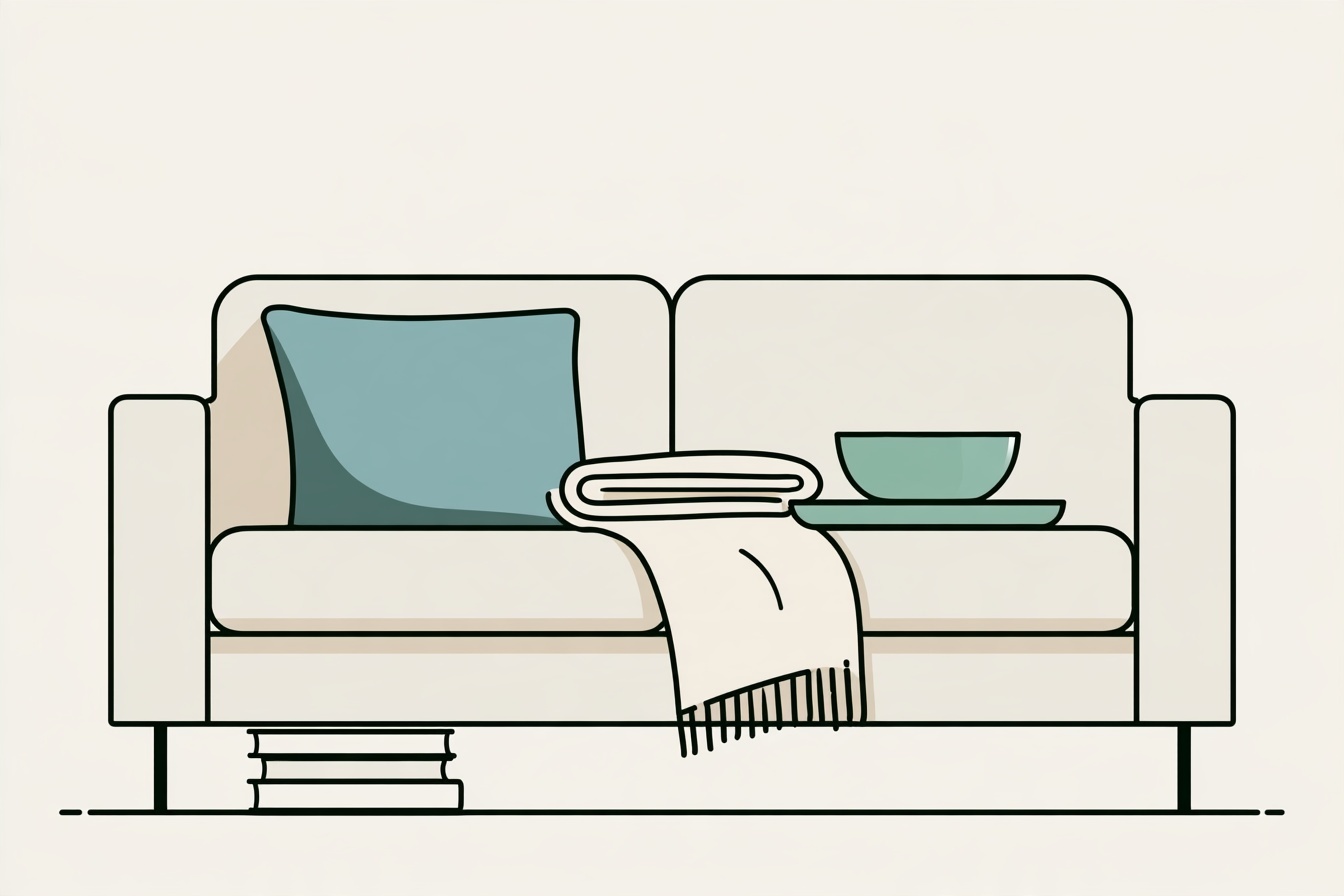 A simple sofa with a blue cushion, folded ivory throw and a bowl on a tray.