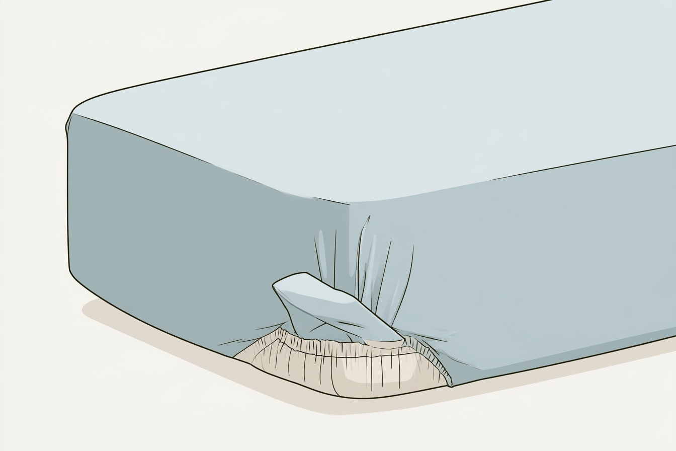 A close view of a fitted-sheet corner with its gathered elastic hem lifted to reveal the mattress edge.