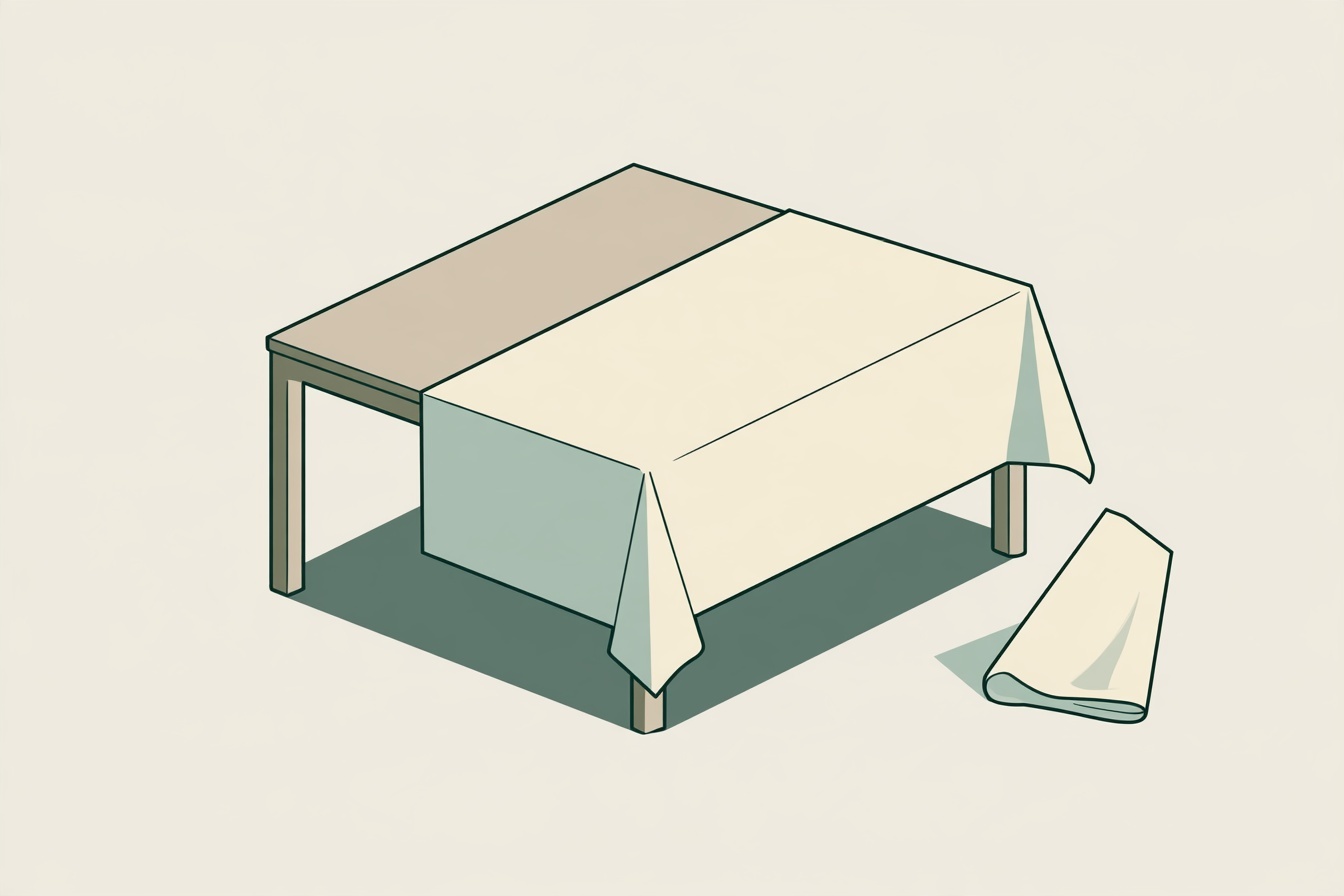 A rectangular table partly covered by an ivory cloth draping over the front and side, beside a folded textile.