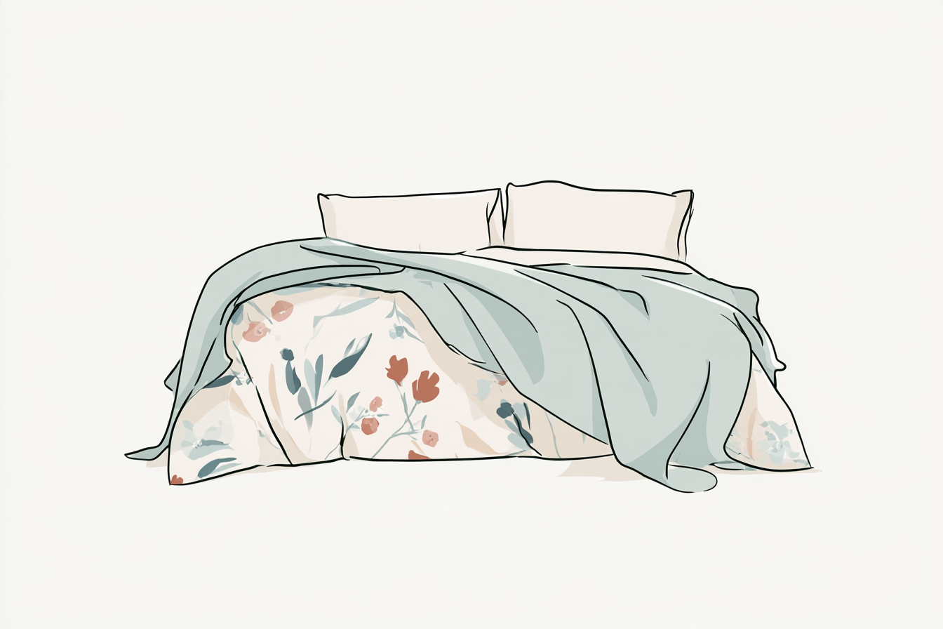 Illustration of a bed with a pale floral cover, blue-green draped bedding and two cream pillows.