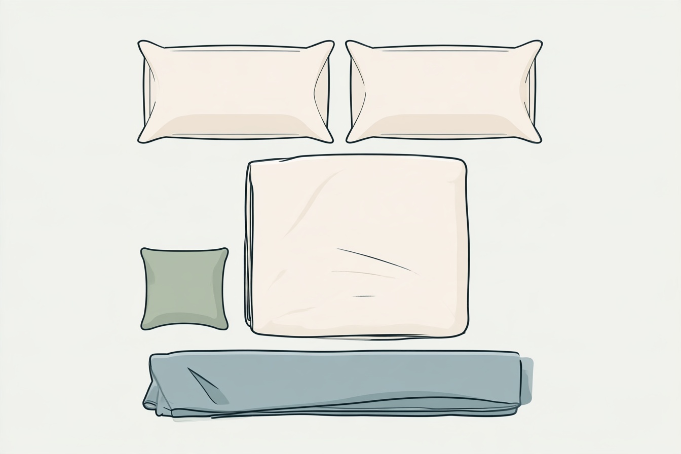 Two rectangular pillows, a folded ivory bedding layer, small sage cushion and blue throw arranged separately.