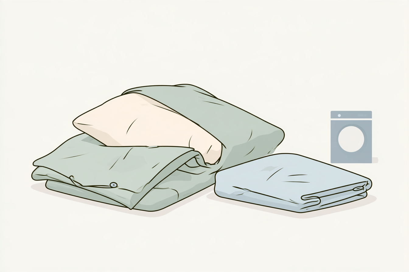 A quilt partly enclosed in a buttoned cover beside a folded spare cover and washing machine icon.