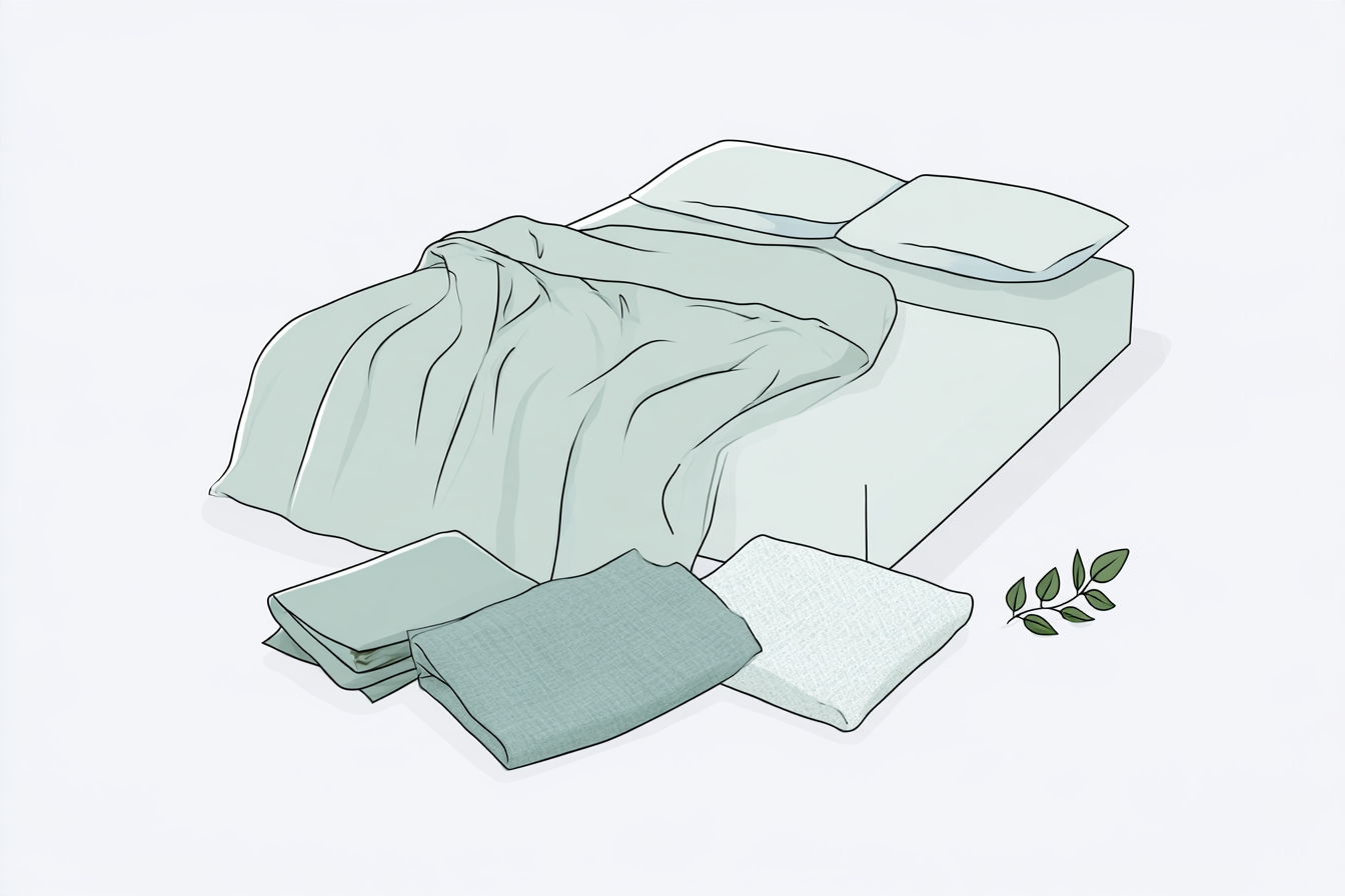 Bed dressed in pale sage fabric with folded textile swatches and a small leafy sprig.
