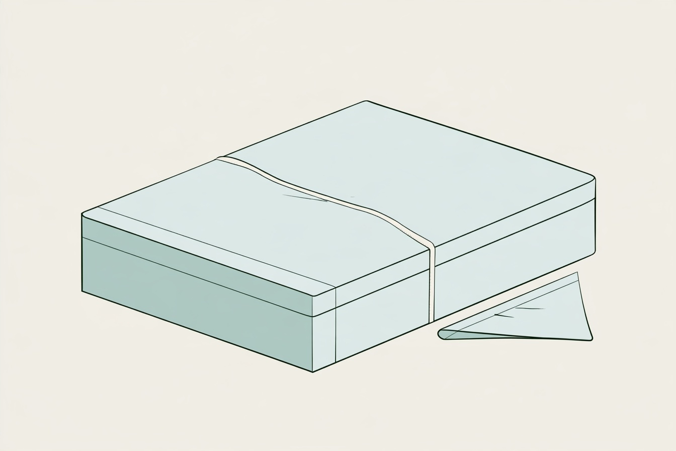 A deep mattress with a fitted sheet and an unmarked measuring strip crossing the top and side.