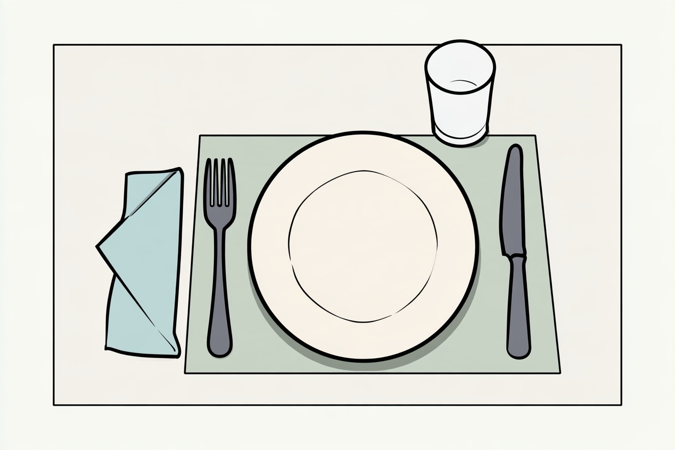 An overhead place setting with a central plate, fork and napkin to the left, knife to the right and glass above.