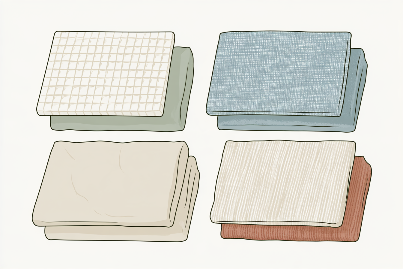 Illustration of four overlapping fabric samples with grid, fine woven, smooth and lined surface textures.