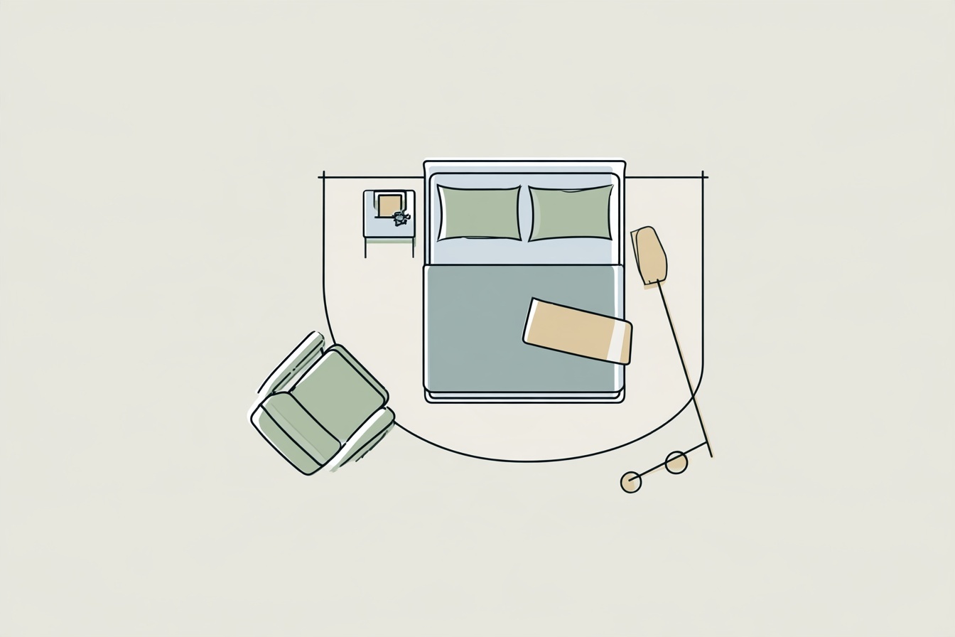 An overhead bedroom arrangement with a bed, chair, bedside table and floor lamp.