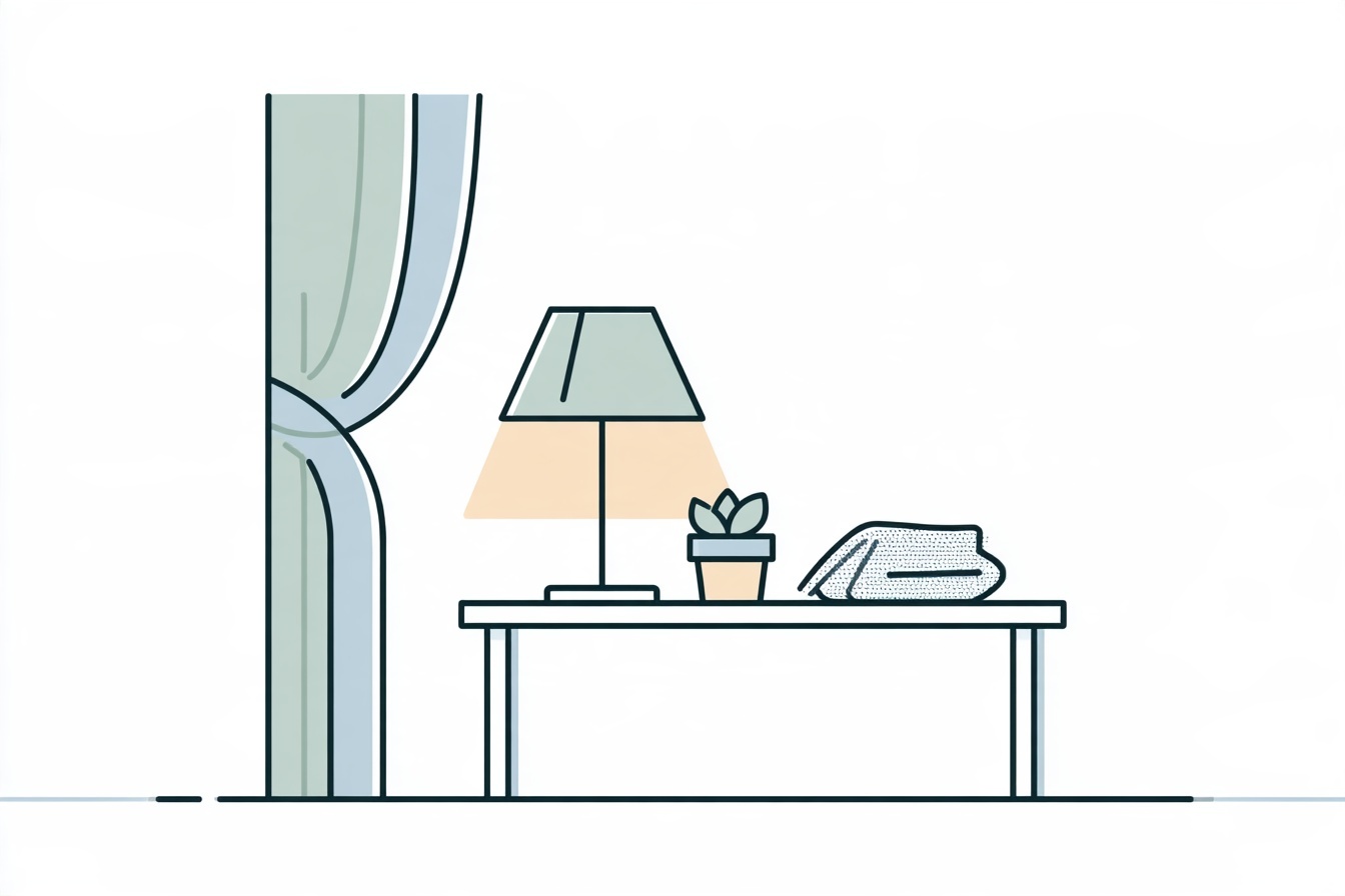 A simple bedside table with a shaded lamp, small plant and folded textile beside a curtain.