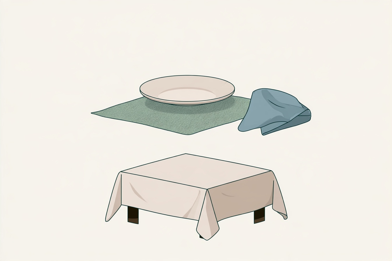 A cloth-covered table shown beneath a placemat, plate and folded blue napkin.