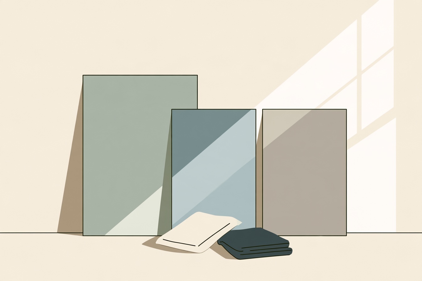 Three muted colour cards and two folded fabric samples viewed in a patch of window light.