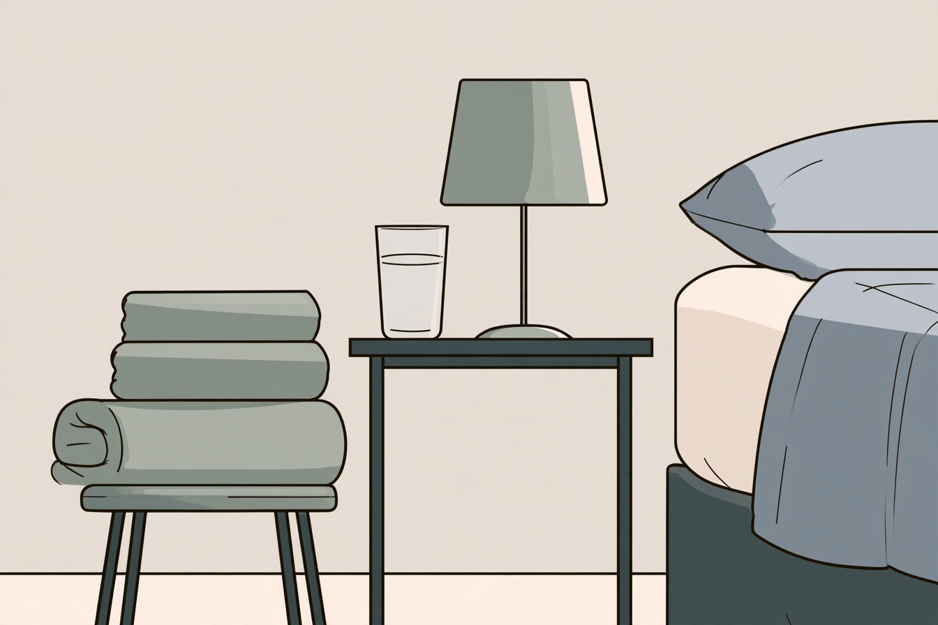 A guest bedside table with a lamp and water glass beside folded towels and a rolled spare layer on a stool.