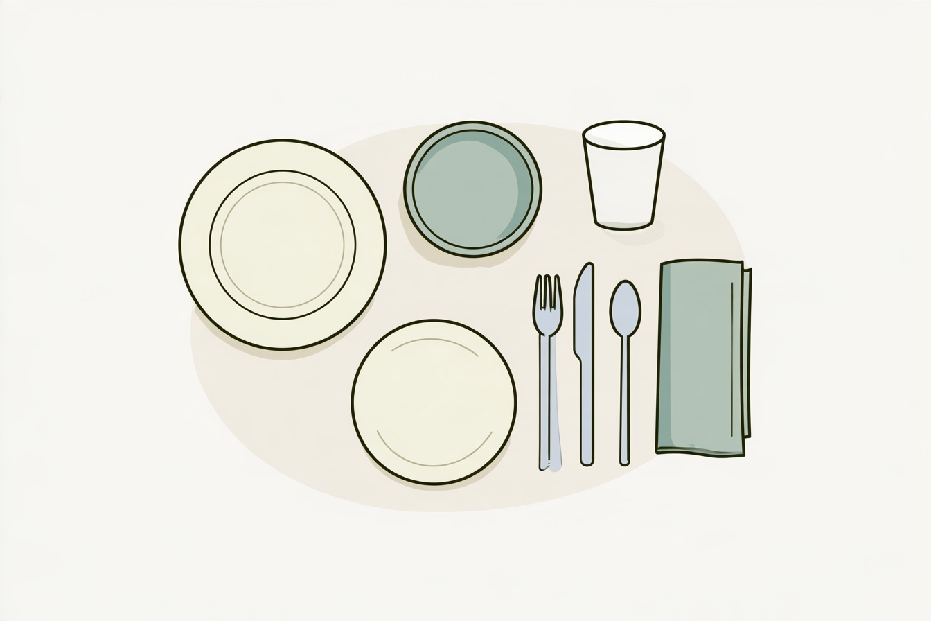 Dinnerware, a drinking glass, fork, knife, spoon and folded napkin arranged as separate essentials.