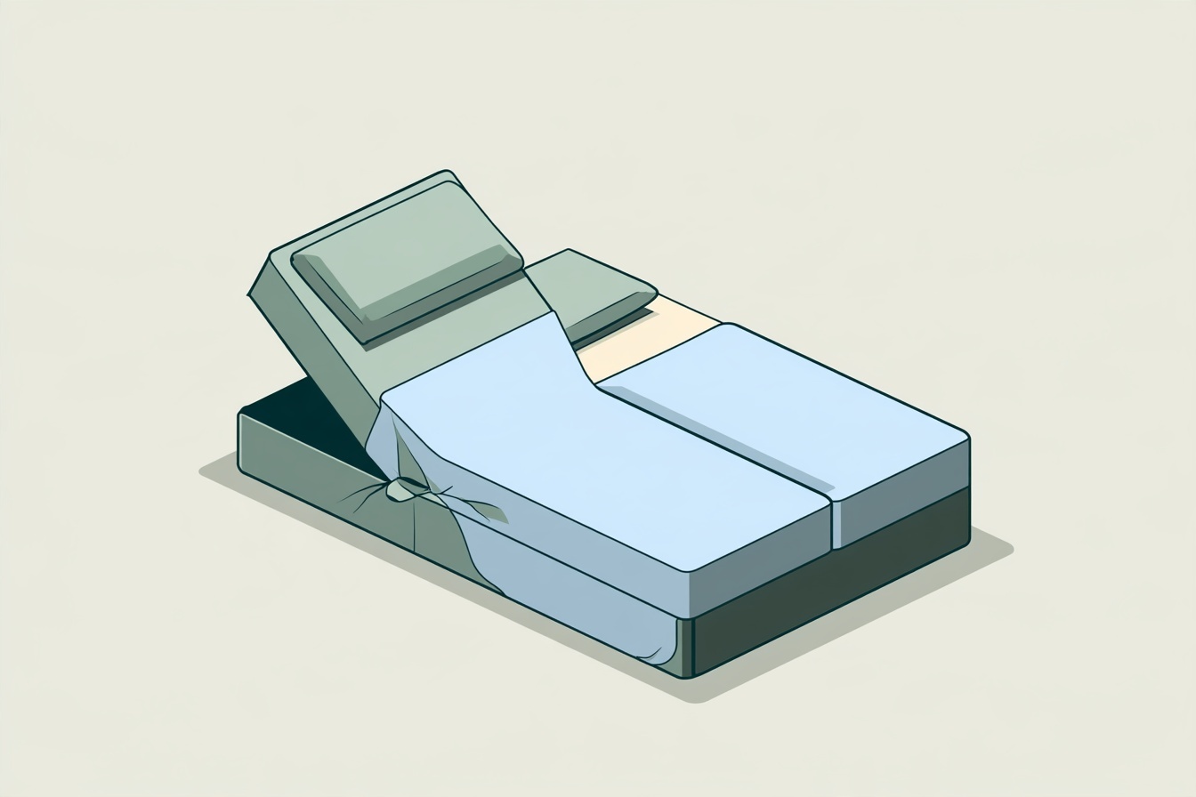 A split bed with two side-by-side covered mattresses, with the head of one half raised.