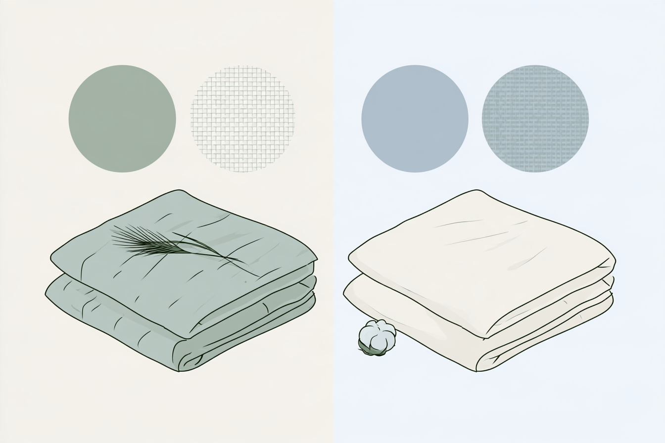 Illustration of green and cream folded fabric stacks with plant motifs and round colour and texture samples.