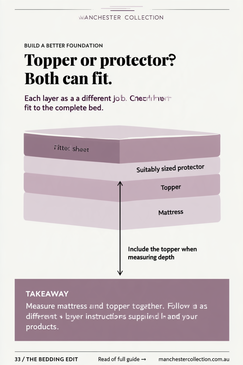 Four schematic bedding layers in order: fitted sheet, protector, topper, mattress.