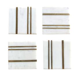 White Marble Coaster W/ Brass Inlay Square (set of 4) Style 2